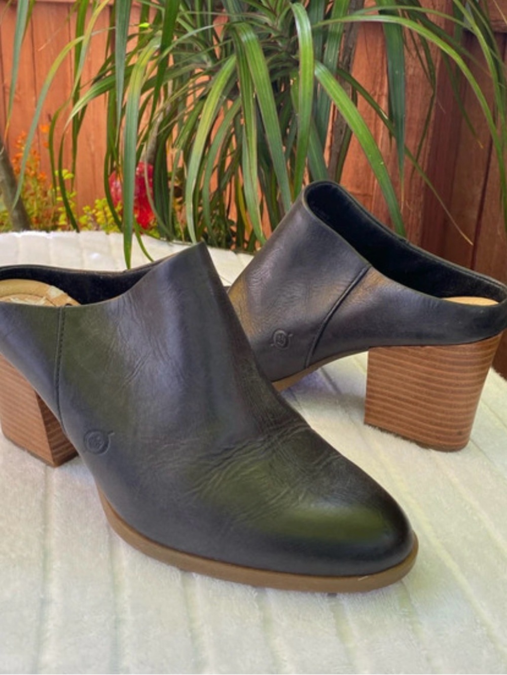 BORN Handcrafted Black Leather Mule Heels - Women's Slip-On Block Heel